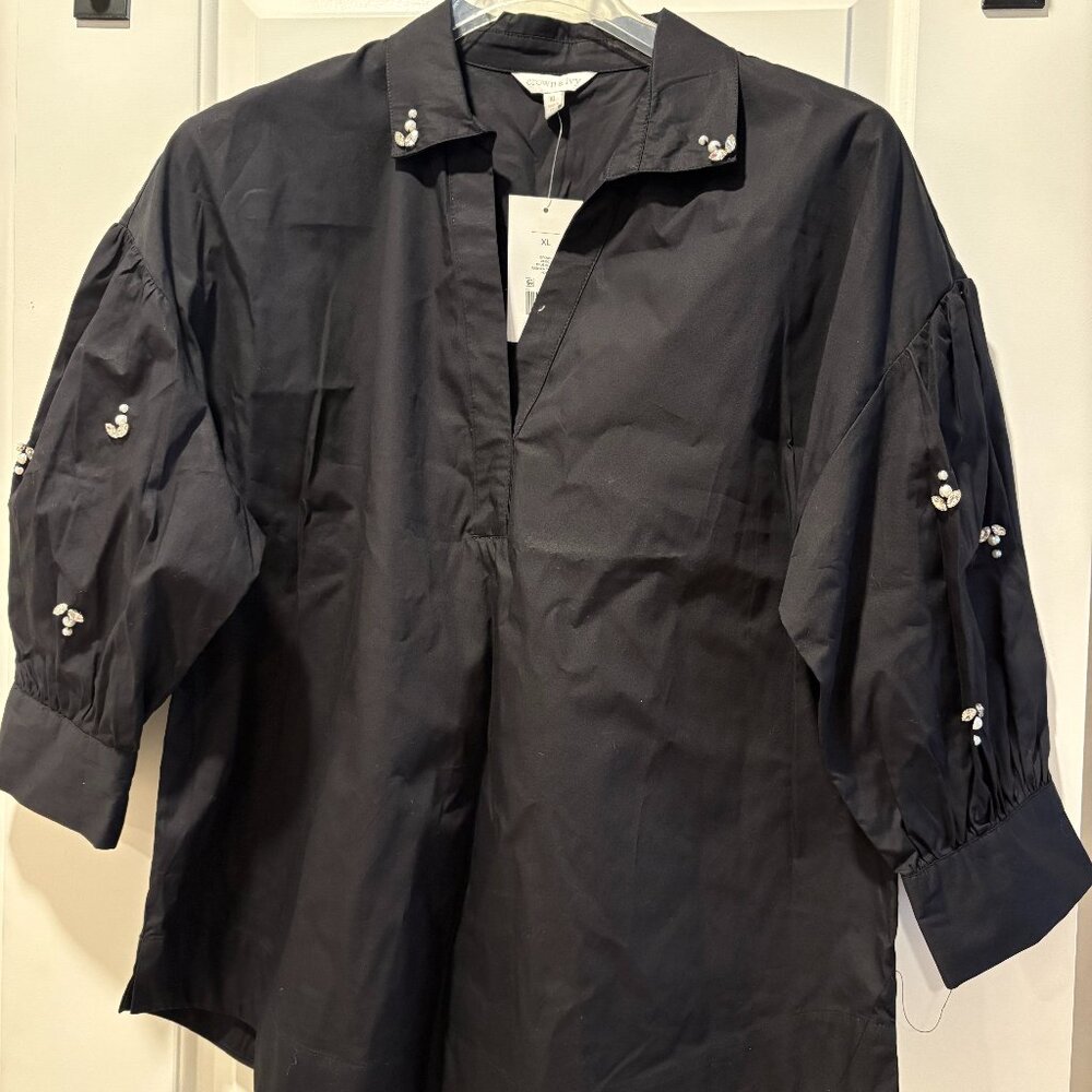 Crown & Ivy™  Women's Button Front Jewel Sleeve Blouse - Black